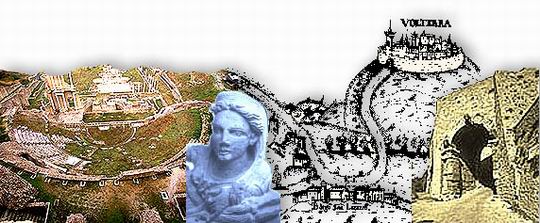 Composizione fotografica. Da sinistra: veduta aerea del teatro romano e delle terme; particolare di urna etrusca (testa femminile); porzione di carta geografica medievale; la Porta all'Arco