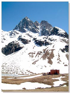 Il rifugio e dietro l'aguzza punta del Corno Dosd (Foto R.Moiola 2002).